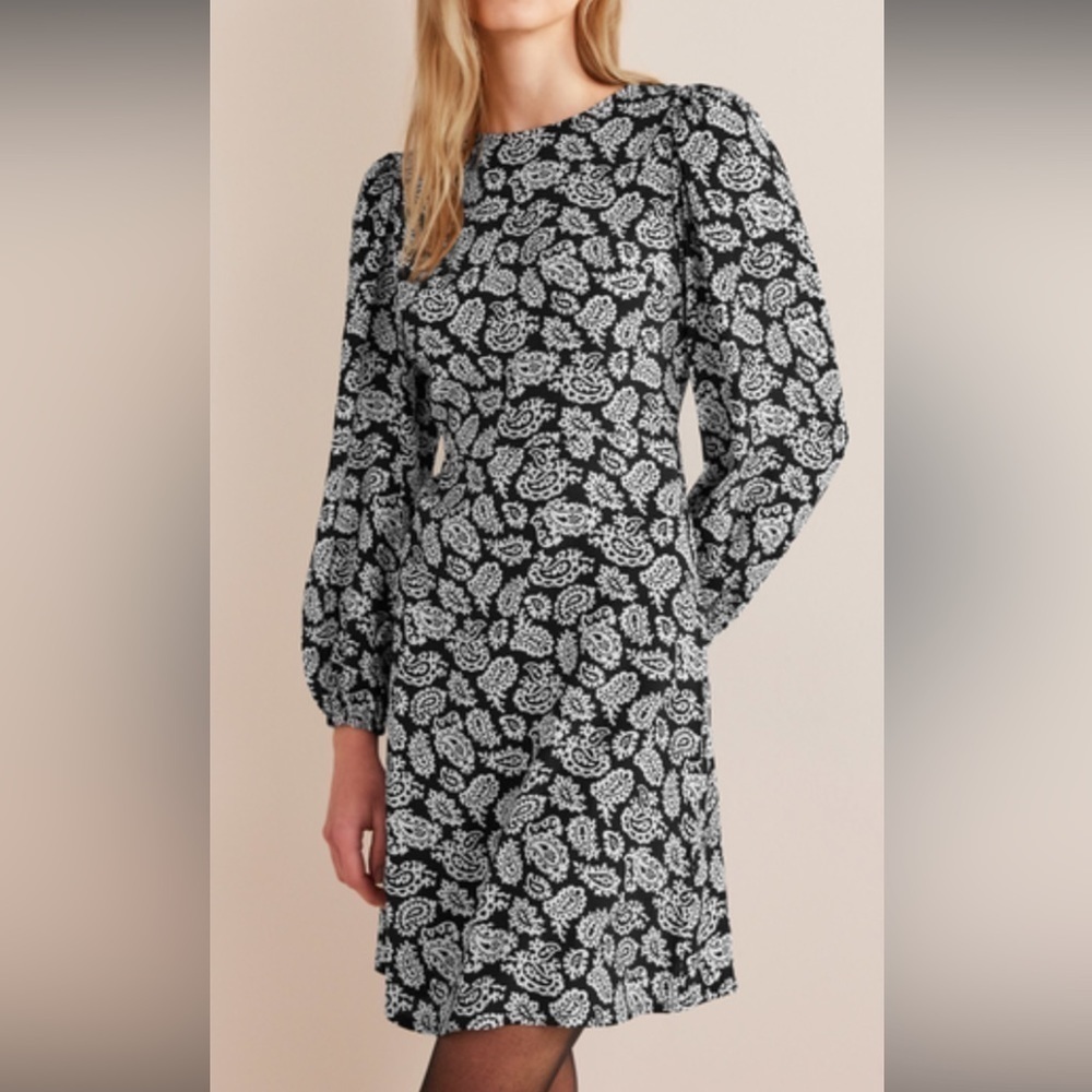 Boden Long Puff Sleeve Crew Neck Mini Dress Black and White Paisley Print Sz 10